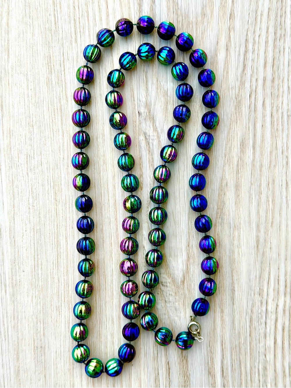 Vintage Aurora Borealis Beaded Necklace Iridescent Peacock Oil Slick Knotted